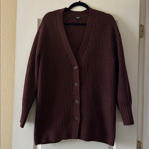 Express Ribbed Button Front London Cardigan S Rich Mocha - Picture 6 of 11
